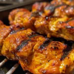 ['Juicy marinated lamb skewers presented on a wooden board with garnishes.', 'Close-up of flavorful Moroccan lamb skewers with herbs and spices.', 'Side view of succulent lamb kebabs served with parsley on a plate.', 'Detailed shot of spiced lamb skewers arranged for grilling.']