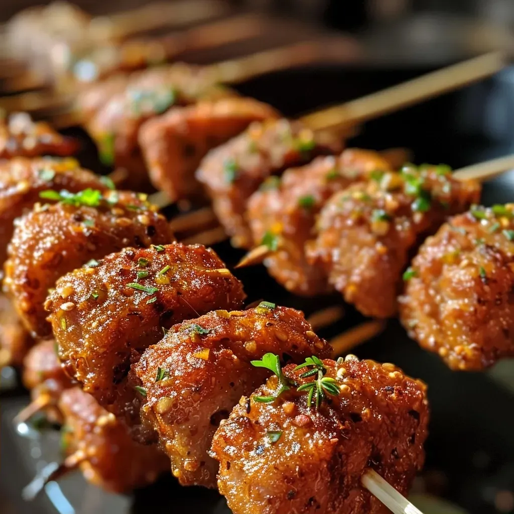 Juicy marinated lamb skewers presented on a wooden board with garnishes.