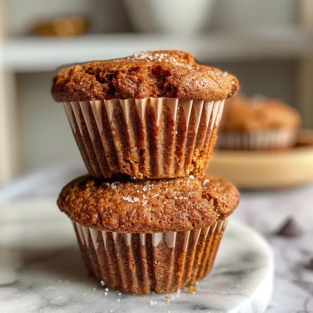 Close-up view of a moist flourless pumpkin muffin topped with chocolate chips.
