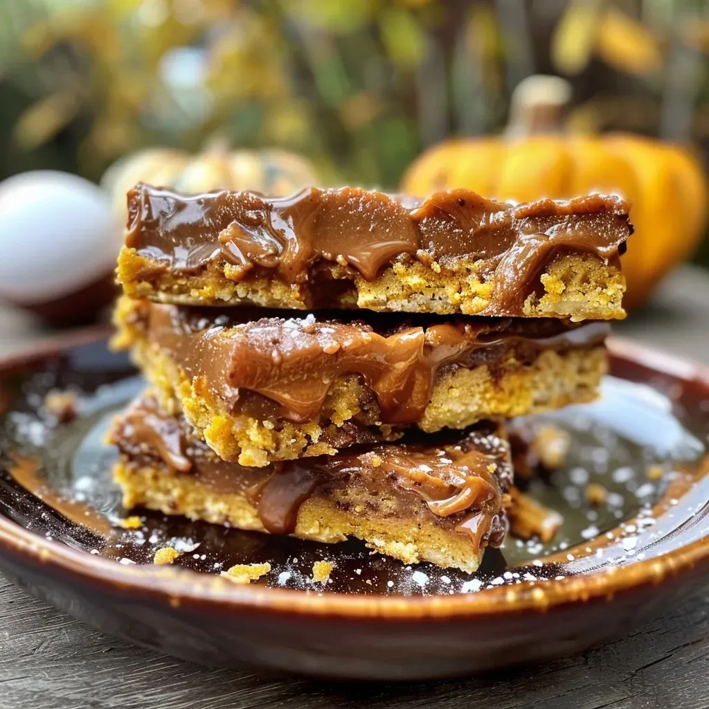A close-up side view of flourless pumpkin bars with a glossy top and a moist texture.