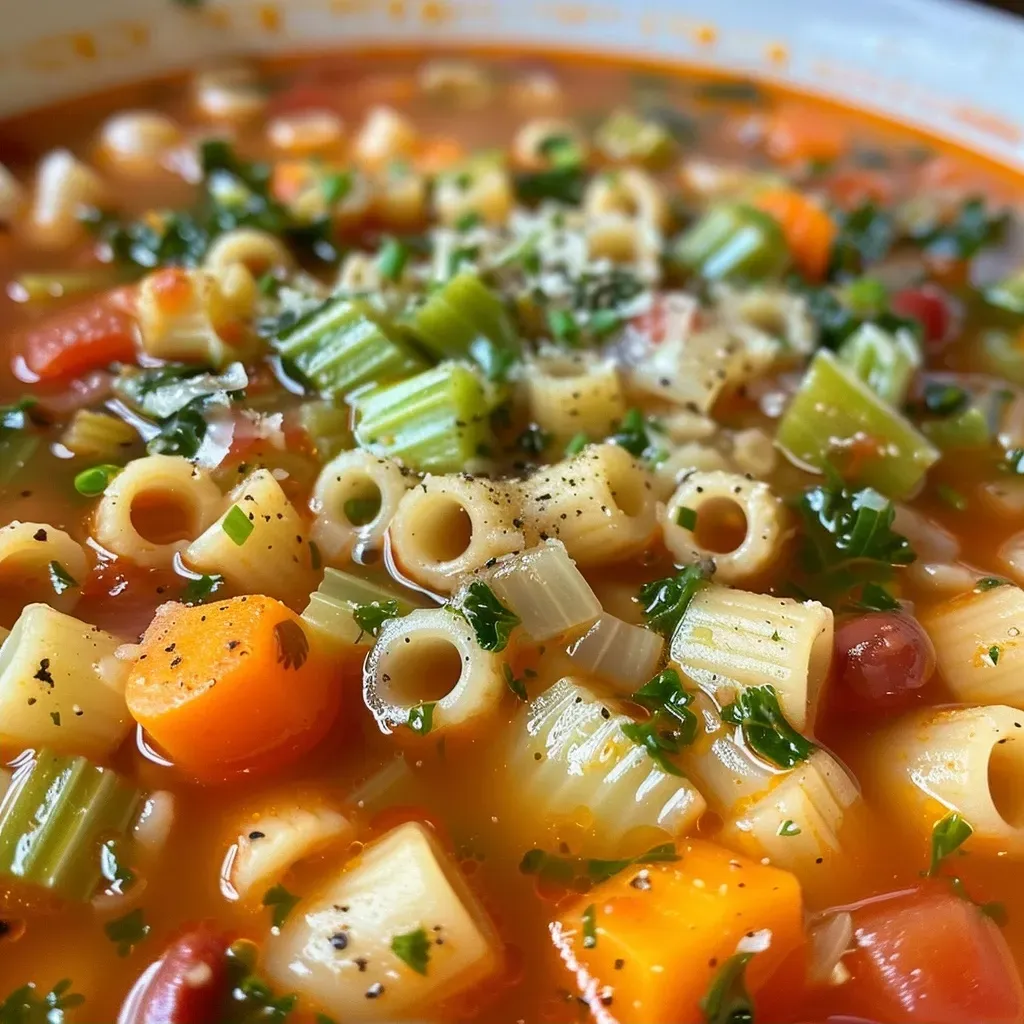 A close-up view of a bowl of classic Minestrone soup with gluten-free noodles, showcasing fresh vegetables and herbs.