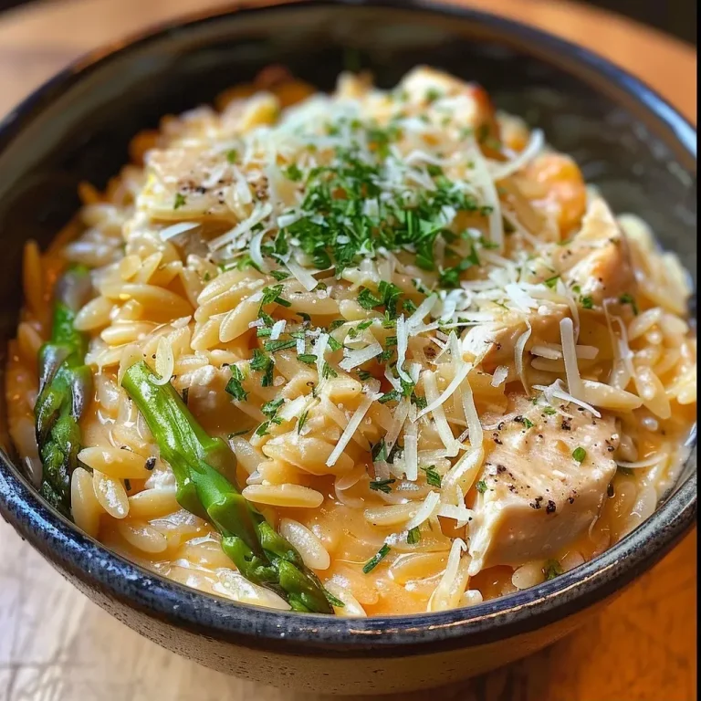 ['Close-up of One Pot Chicken and Orzo with asparagus and melted cheese.', 'Juicy diced chicken with orzo pasta and a creamy sauce in a bowl.', 'A side view of hearty One Pot Chicken and Orzo garnished with parsley.', 'A comforting dish of chicken and orzo pasta mixed with vegetables and cheese.']