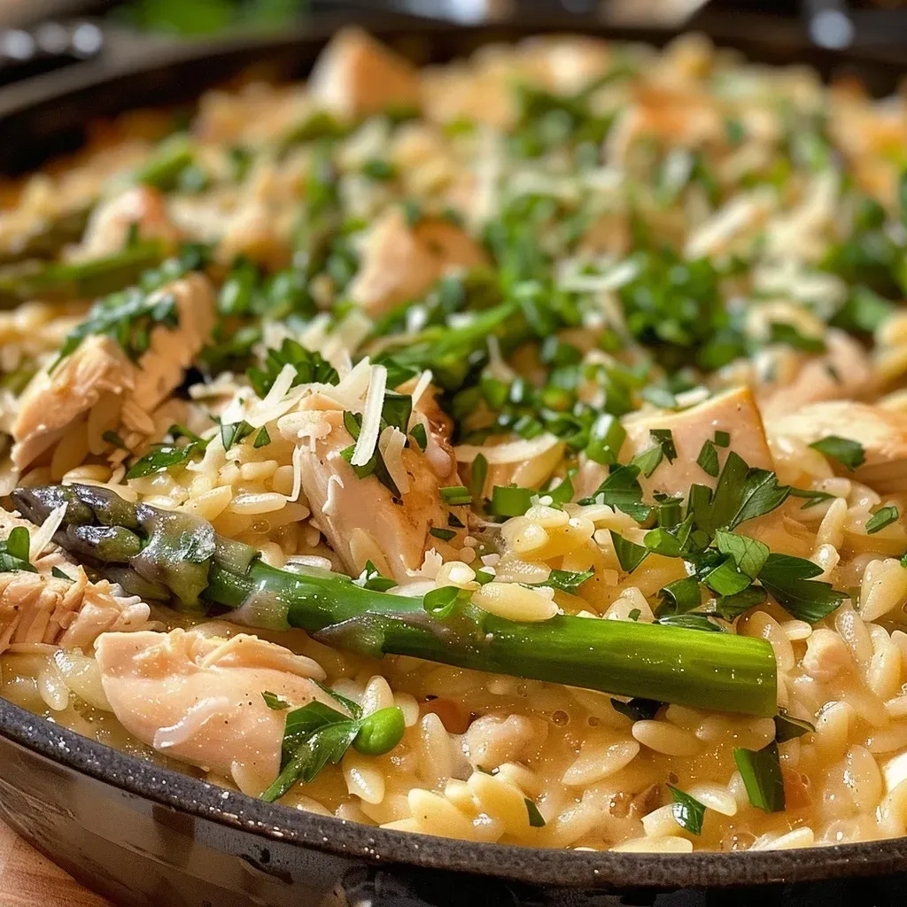 Close-up of One Pot Chicken and Orzo with asparagus and melted cheese.