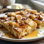 ['A close-up side view of a juicy pancake traybake topped with apple slices and hazelnuts.', 'An iPhone photo showing a delicious pancake traybake, showcasing its fluffy texture and golden crust.', 'A detailed side view of a rich pancake traybake, featuring scattered hazelnuts and a light dusting of icing sugar.', 'A close-up image highlighting a freshly baked pancake traybake, adorned with apple cubes and a drizzle of maple syrup.']