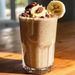 ['Close-up view of a creamy pecan protein shake in a glass.', 'Side view of a delicious maple pecan protein shake with ice.', 'Thick, frothy pecan shake garnished with whole pecans.', 'Pecan protein shake made with almond milk and maple syrup.']