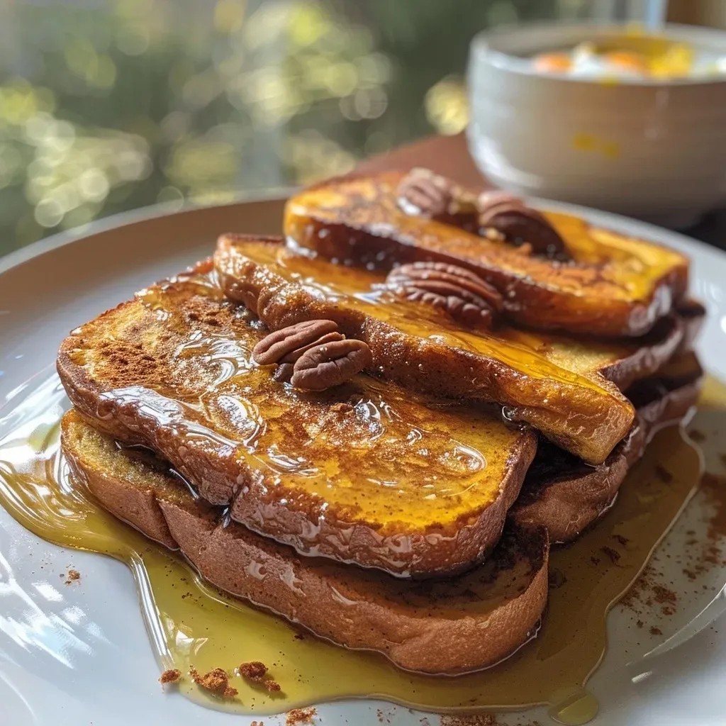 ['Close-up view of a delicious Protein Pumpkin French Toast Bake, highlighting its golden-brown top and pumpkin filling.', 'Side angle of a Protein Pumpkin French Toast Bake, showcasing the layers of bread and pumpkin puree.', 'Juicy Protein Pumpkin French Toast Bake displayed in a baking dish, with visible chopped pecans on top.', 'Textured close-up of Protein Pumpkin French Toast Bake, emphasizing its fluffy interior and warm spices.']