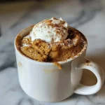 ['Close-up view of a protein pumpkin mug cake topped with vanilla ice cream and a sprinkle of cinnamon.', 'Side view of a moist protein pumpkin mug cake in a white mug, with a creamy scoop of ice cream on top.', 'A delicious pumpkin mug cake decorated with cinnamon, served in a cozy kitchen setting.', 'Brightly colored protein pumpkin mug cake in a ceramic mug, featuring a dollop of vanilla ice cream.']