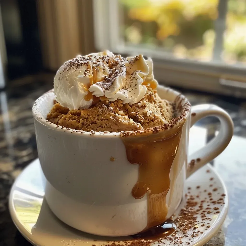 ['Close-up view of a protein pumpkin mug cake topped with vanilla ice cream and a sprinkle of cinnamon.', 'Side view of a moist protein pumpkin mug cake in a white mug, with a creamy scoop of ice cream on top.', 'A delicious pumpkin mug cake decorated with cinnamon, served in a cozy kitchen setting.', 'Brightly colored protein pumpkin mug cake in a ceramic mug, featuring a dollop of vanilla ice cream.']