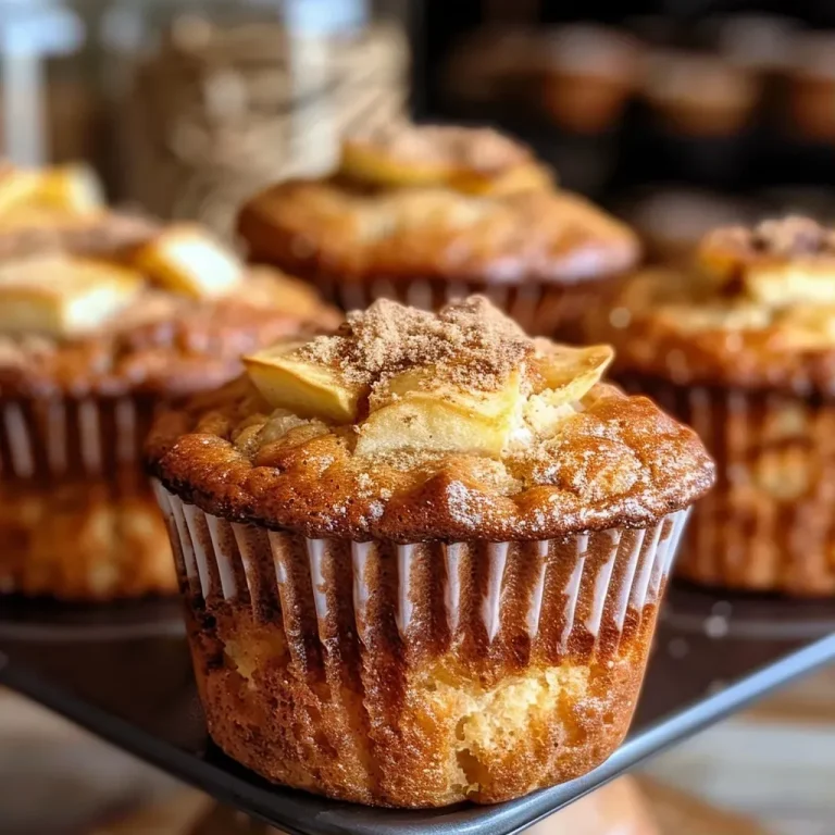 ['Close-up of a golden brown apple cinnamon muffin with a moist crumb.', 'Side view of high-protein apple cinnamon muffin showing its texture and ingredients.', 'Appetizing shot of a freshly baked muffin with apple bits and cinnamon specks.', 'Juicy muffin stacked on a plate, highlighting its inviting color and texture.']