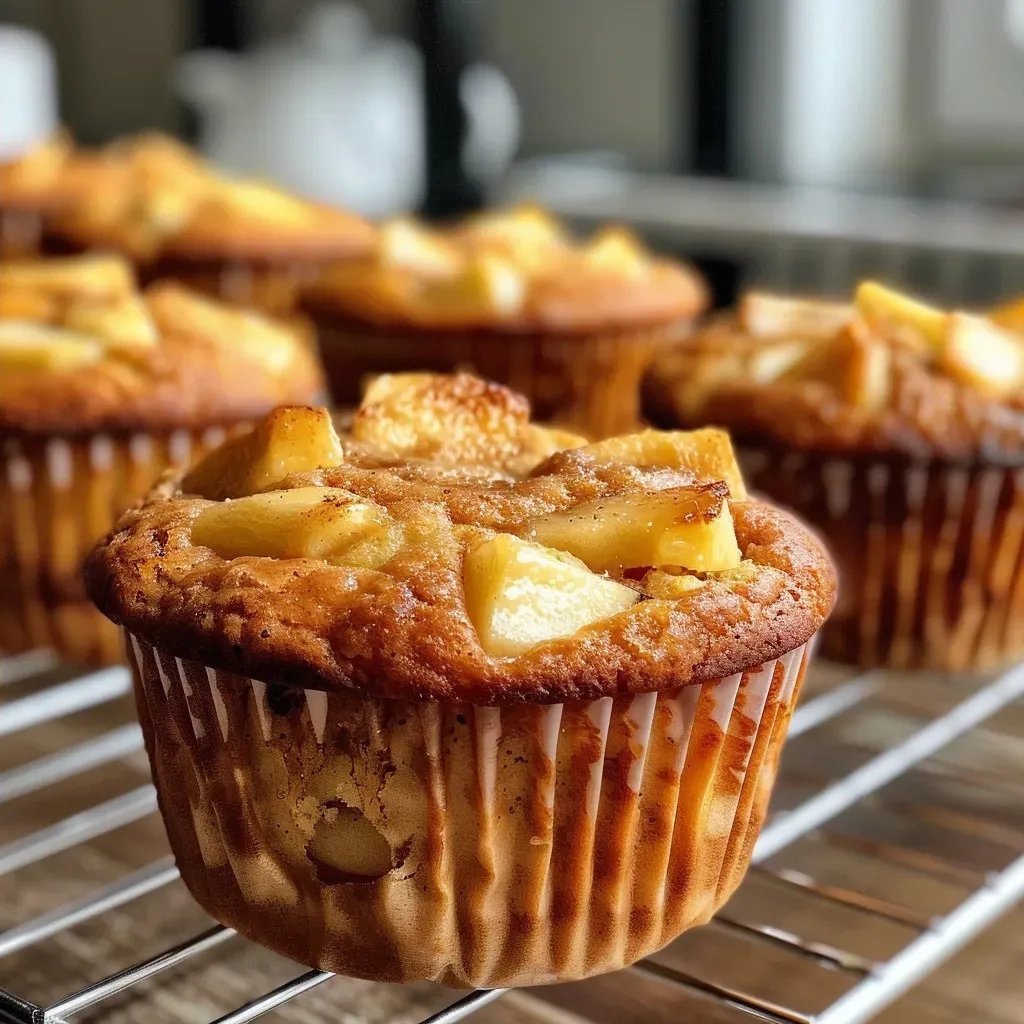 ['Close-up of a golden brown apple cinnamon muffin with a moist crumb.', 'Side view of high-protein apple cinnamon muffin showing its texture and ingredients.', 'Appetizing shot of a freshly baked muffin with apple bits and cinnamon specks.', 'Juicy muffin stacked on a plate, highlighting its inviting color and texture.']