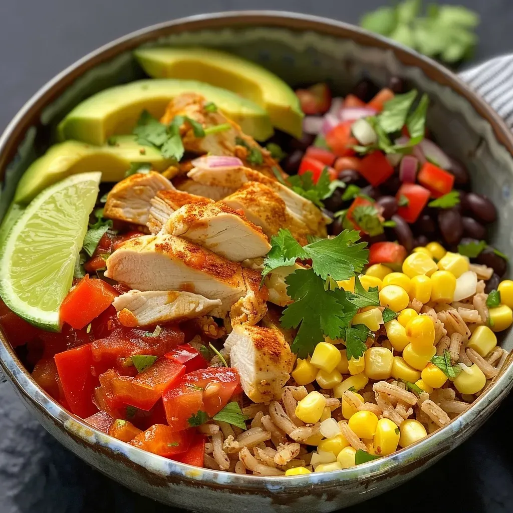 ['A close-up view of a high protein chicken burrito bowl with vibrant ingredients.', 'Side view of a colorful chicken burrito bowl featuring diced chicken and fresh vegetables.', 'Juicy chicken burrito bowl showcasing layers of rice, beans, and toppings like avocado.', 'An appetizing chicken burrito bowl filled with healthy ingredients and garnished with cilantro.']