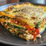 ['A close-up side view of a slice of high protein veggie lasagna, showcasing layers of zucchini, bell peppers, and cheese.', 'A delicious slice of veggie lasagna with vibrant red and yellow bell peppers, fresh spinach, and melted cheese.', 'Juicy vegetarian lasagna slice featuring thinly sliced zucchini and colorful veggies, topped with mozzarella and Parmesan.', 'A hearty portion of protein-rich veggie lasagna, highlighting the rich textures and fresh ingredients.']