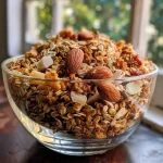 ['Close-up of crunchy maple cinnamon granola with oats, nuts, and seeds.', 'Side view of golden brown granola featuring almonds, walnuts, and a sprinkle of cinnamon.', 'Nutritious high-protein granola with a glossy maple syrup coating and various seeds.', 'Tasty granola blend including oats, sliced almonds, and hemp seeds, showcasing its texture.']