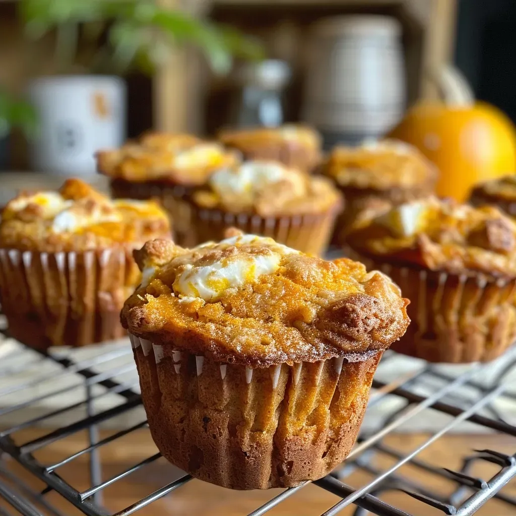 ['Close-up of golden-brown pumpkin muffins with a soft texture, showcasing a side view.', 'A side view of fluffy cottage cheese pumpkin muffins with a rich orange hue.', 'Juicy pumpkin muffins with a glossy top, displayed in a close-up side view.', 'Detailed side view of healthy pumpkin muffins, highlighting their moist interior and golden crust.']