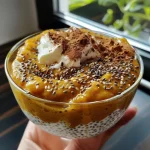 ['Close-up view of creamy pumpkin chia pudding in a glass bowl topped with spices.', 'Side view of a delicious orange chia pudding with chia seeds and a sprinkle of pumpkin spice.', 'A vibrant orange pumpkin chia pudding displayed in a clear container with a smooth texture.', 'Detailed shot of a protein-packed chia pudding featuring pumpkin puree and garnished with spices.']