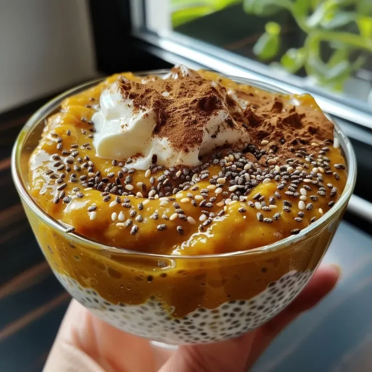 ['Close-up view of creamy pumpkin chia pudding in a glass bowl topped with spices.', 'Side view of a delicious orange chia pudding with chia seeds and a sprinkle of pumpkin spice.', 'A vibrant orange pumpkin chia pudding displayed in a clear container with a smooth texture.', 'Detailed shot of a protein-packed chia pudding featuring pumpkin puree and garnished with spices.']