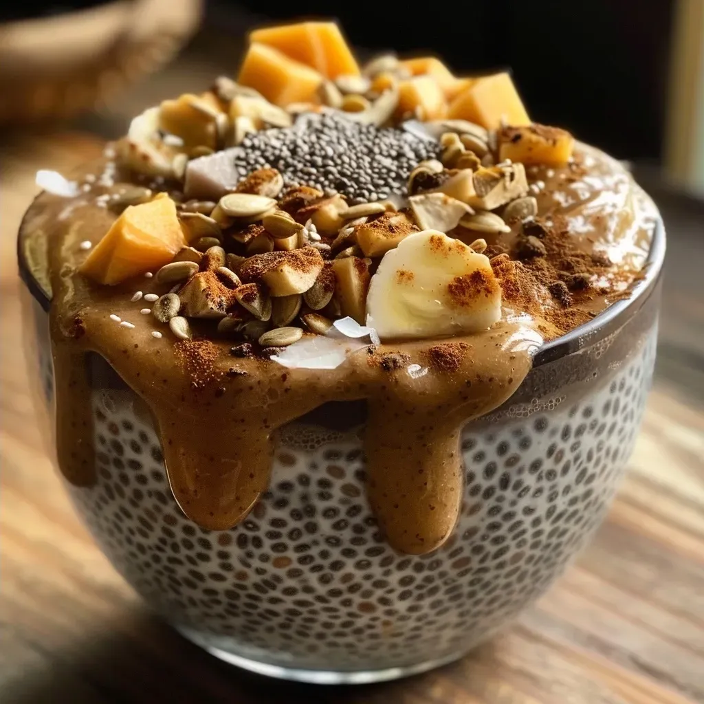 ['Close-up view of creamy pumpkin chia pudding in a glass bowl topped with spices.', 'Side view of a delicious orange chia pudding with chia seeds and a sprinkle of pumpkin spice.', 'A vibrant orange pumpkin chia pudding displayed in a clear container with a smooth texture.', 'Detailed shot of a protein-packed chia pudding featuring pumpkin puree and garnished with spices.']