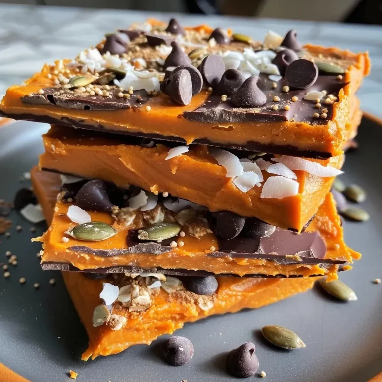 ['Close-up view of No-Bake Pumpkin Banana Yogurt Protein Bark, showcasing chocolate chips and toppings.', 'Side angle image of a slice of Pumpkin Banana Yogurt Protein Bark with pumpkin seeds and coconut flakes.', 'Detailed shot of healthy Pumpkin Banana Yogurt Protein Bark with a rich chocolate layer and vibrant toppings.', 'Close-up of pumpkin yogurt protein bark with a textured surface, highlighting dark chocolate and pumpkin puree.']