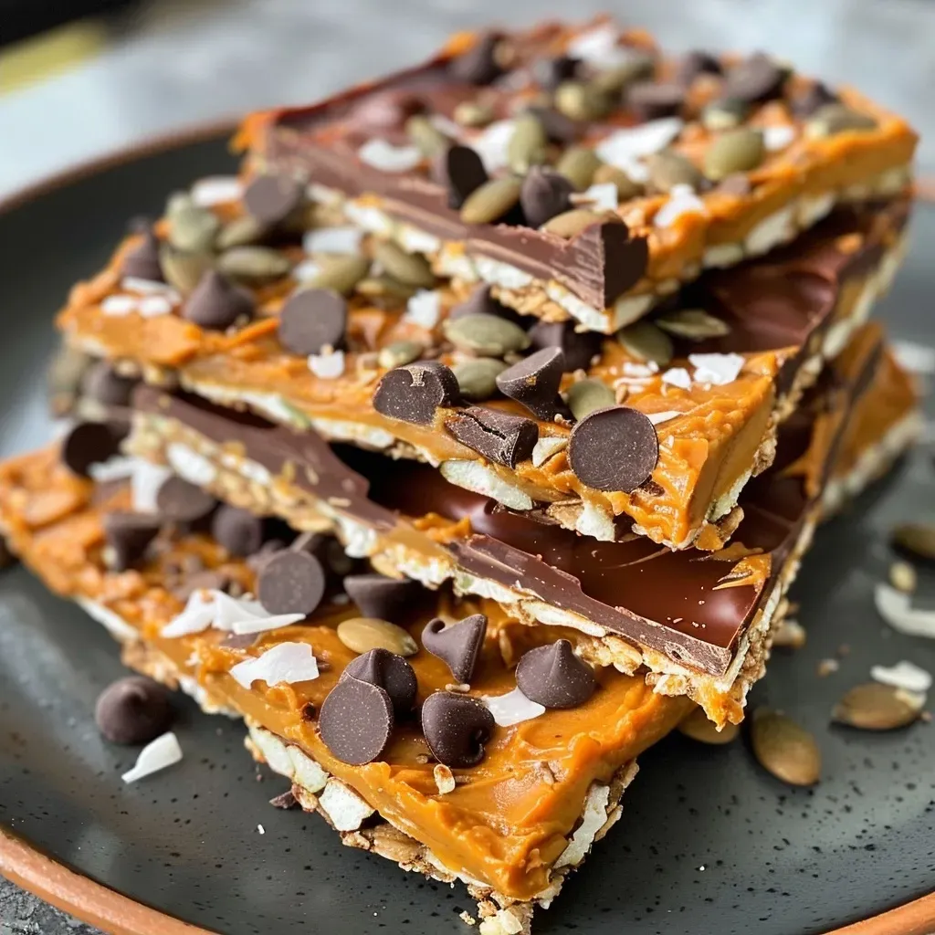 Close-up view of No-Bake Pumpkin Banana Yogurt Protein Bark, showcasing chocolate chips and toppings.