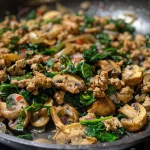 ['Close-up of a skillet filled with ground turkey, spinach, and mushrooms.', 'Juicy turkey, spinach, and mushroom dish in a skillet, viewed from the side.', 'Colorful presentation of turkey and vegetables in a cooking skillet.', 'Side view of a healthy turkey-spinach-mushroom stir-fry in a frying pan.']