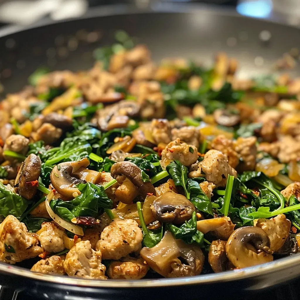 ['Close-up of a skillet filled with ground turkey, spinach, and mushrooms.', 'Juicy turkey, spinach, and mushroom dish in a skillet, viewed from the side.', 'Colorful presentation of turkey and vegetables in a cooking skillet.', 'Side view of a healthy turkey-spinach-mushroom stir-fry in a frying pan.']