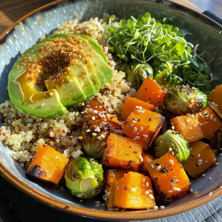 ['A close-up side view of a quinoa bowl featuring roasted Brussels sprouts and butternut squash.', 'A vibrant bowl of quinoa topped with green Brussels sprouts, yellow butternut squash, and slices of avocado.', 'A detailed look at a healthy quinoa and roasted Brussels bowl with colorful ingredients arranged artfully.', 'A side view of a nutritious dish containing quinoa, Brussels sprouts, and avocado drizzled with a honey mustard dressing.']