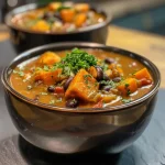 ['Close-up view of a bowl of smoky roasted sweet potato and black bean soup.', 'Side angle of a hearty soup with sweet potatoes and black beans, garnished with herbs.', 'Vivid image showing a delicious sweet potato and black bean soup in a ceramic bowl.', 'Colorful bowl of soup filled with roasted sweet potatoes and black beans, presented on a wooden table.']