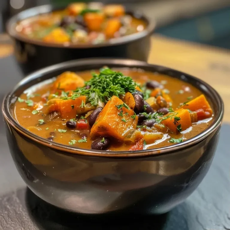 ['Close-up view of a bowl of smoky roasted sweet potato and black bean soup.', 'Side angle of a hearty soup with sweet potatoes and black beans, garnished with herbs.', 'Vivid image showing a delicious sweet potato and black bean soup in a ceramic bowl.', 'Colorful bowl of soup filled with roasted sweet potatoes and black beans, presented on a wooden table.']