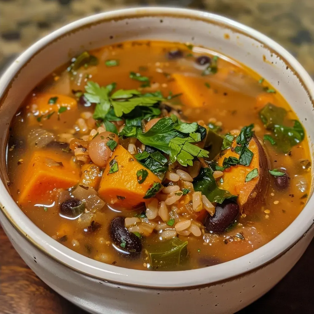 ['Close-up view of a bowl of smoky roasted sweet potato and black bean soup.', 'Side angle of a hearty soup with sweet potatoes and black beans, garnished with herbs.', 'Vivid image showing a delicious sweet potato and black bean soup in a ceramic bowl.', 'Colorful bowl of soup filled with roasted sweet potatoes and black beans, presented on a wooden table.']