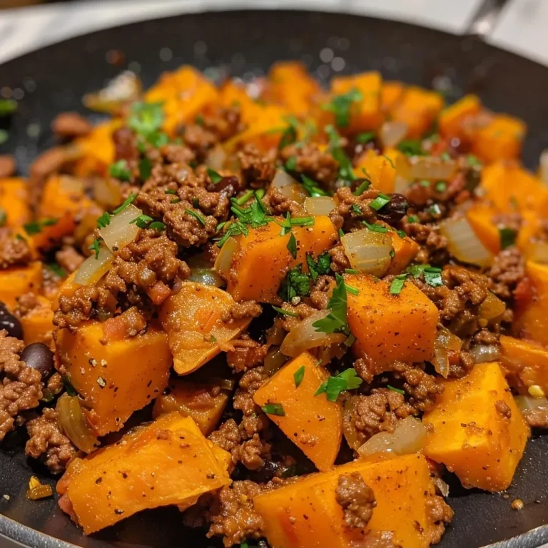 ['Juicy ground beef and sweet potato skillet with vibrant colors and fresh herbs.', 'A close-up of a skillet displaying ground beef mixed with sweet potatoes and spices.', 'Hearty ground beef and cubed sweet potatoes sautéed together in a skillet.', 'Delicious ground beef skillet with sweet potato cubes and garnished with herbs.']