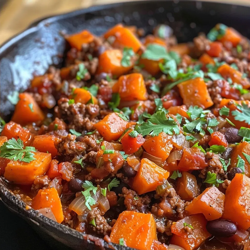 Juicy ground beef and sweet potato skillet with vibrant colors and fresh herbs.