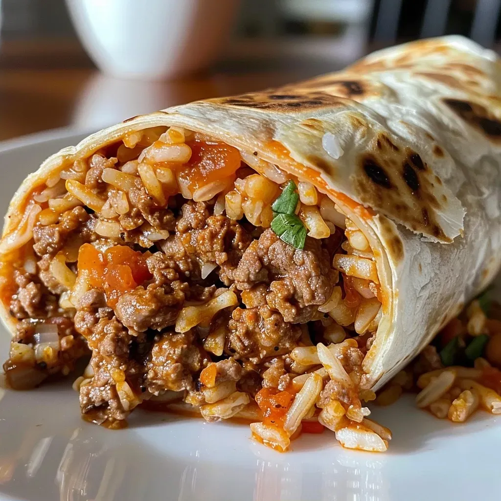 ['Close-up of a juicy beef burrito, garnished with fresh ingredients and sauces.', 'Side view of a beef burrito filled with ground beef, cheese, and black beans.', 'A deliciously wrapped beef burrito, showcasing layers of filling and melted cheese.', 'A mouthwatering beef burrito on a plate, with visible spices and textures.']