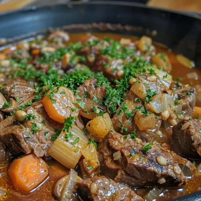 ['A close-up view of a hearty bowl of beef barley soup, showcasing tender beef and vegetables.', 'Side angle of a steaming bowl of beef barley soup, with visible pieces of meat and vegetables.', 'Detailed image of beef barley soup, highlighting the rich broth and ingredients like barley and mushrooms.', 'Zoomed-in photo of a savory beef barley soup, featuring chunks of beef and vibrant vegetables.']