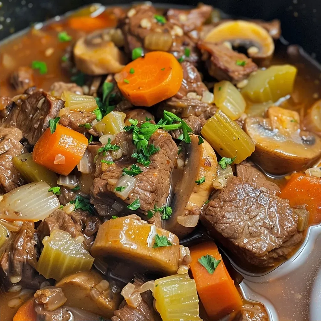['A close-up view of a hearty bowl of beef barley soup, showcasing tender beef and vegetables.', 'Side angle of a steaming bowl of beef barley soup, with visible pieces of meat and vegetables.', 'Detailed image of beef barley soup, highlighting the rich broth and ingredients like barley and mushrooms.', 'Zoomed-in photo of a savory beef barley soup, featuring chunks of beef and vibrant vegetables.']