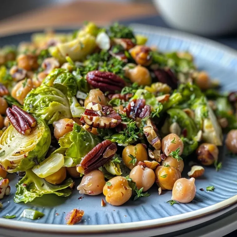 ['Close-up of a colorful salad featuring baked Brussels sprouts, chickpeas, and pecans.', 'Side view photo showcasing a vibrant Brussels sprouts salad topped with dressing.', 'Detailed image of a mixed salad with roasted Brussels sprouts and creamy Greek yogurt dressing.', 'Freshly made Brussels sprouts salad with chickpeas and nuts, presented in a bowl.']