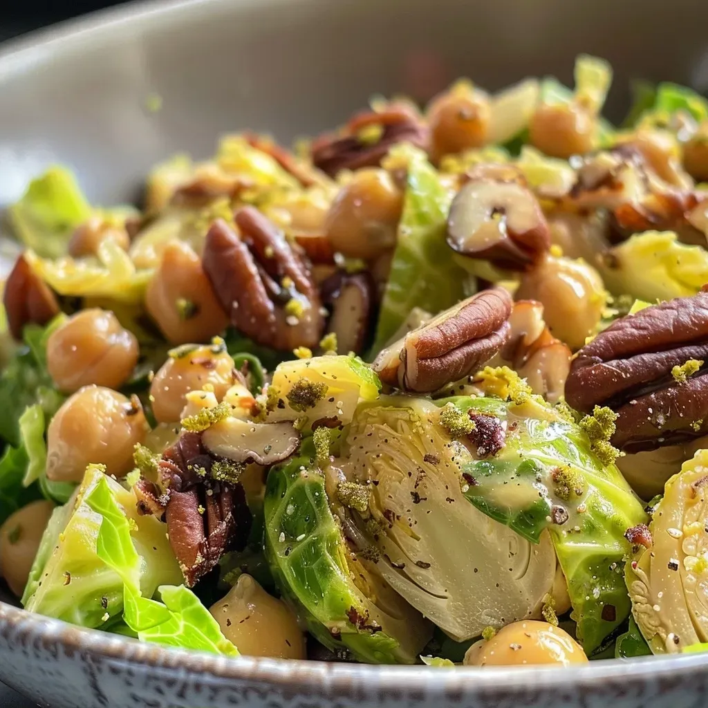 ['Close-up of a colorful salad featuring baked Brussels sprouts, chickpeas, and pecans.', 'Side view photo showcasing a vibrant Brussels sprouts salad topped with dressing.', 'Detailed image of a mixed salad with roasted Brussels sprouts and creamy Greek yogurt dressing.', 'Freshly made Brussels sprouts salad with chickpeas and nuts, presented in a bowl.']