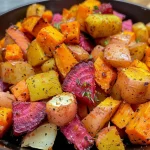 ['Close-up view of roasted root vegetables including carrots, parsnips, sweet potatoes, and beets.', 'A colorful assortment of roasted carrots, parsnips, sweet potatoes, and beets presented in a bowl.', 'Glazed roasted root vegetables with a golden-brown crust, garnished with herbs.', 'Close-up of a medley of roasted root vegetables with visible olive oil and spices.']