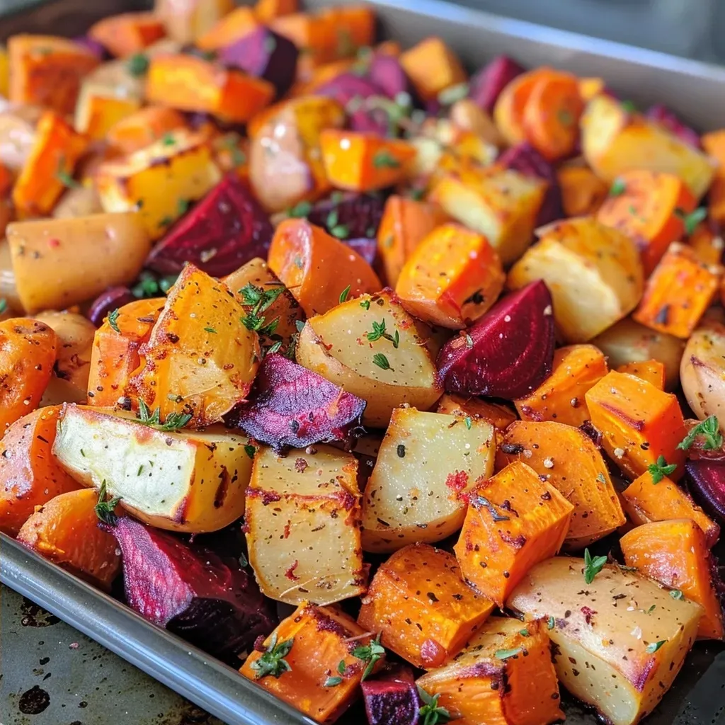 ['Close-up view of roasted root vegetables including carrots, parsnips, sweet potatoes, and beets.', 'A colorful assortment of roasted carrots, parsnips, sweet potatoes, and beets presented in a bowl.', 'Glazed roasted root vegetables with a golden-brown crust, garnished with herbs.', 'Close-up of a medley of roasted root vegetables with visible olive oil and spices.']