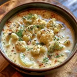 ['Close-up of creamy roasted cauliflower soup in a bowl, garnished with fresh dill.', 'Side view of a steaming bowl of roasted cauliflower soup with a rich texture.', 'Creamy roasted cauliflower soup served hot, with garlic and spices visible.', 'Bowl of roasted cauliflower soup featuring chunks of cauliflower and a sprinkle of dill.']