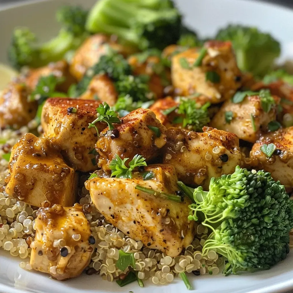 ['A close-up view of a chicken and quinoa bowl with vibrant broccoli and garnished parsley.', 'Juicy chicken served over quinoa with fresh broccoli and a sprinkle of parsley in a bowl.', 'A healthy quinoa bowl featuring sliced chicken breasts, broccoli, and colorful garnishes.', 'A side view of a delicious chicken quinoa bowl, showcasing its fresh ingredients and textures.']