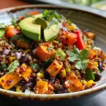 ['A vibrant black bean quinoa salad with colorful ingredients, viewed side-on.', 'Close-up of a mixed quinoa salad featuring black beans, corn, and diced vegetables.', 'Side view of a hearty black bean and quinoa salad, showcasing fresh avocado and bell pepper.', 'Detailed close-up of a quinoa salad with black beans and sweet potatoes, garnished with cilantro.']
