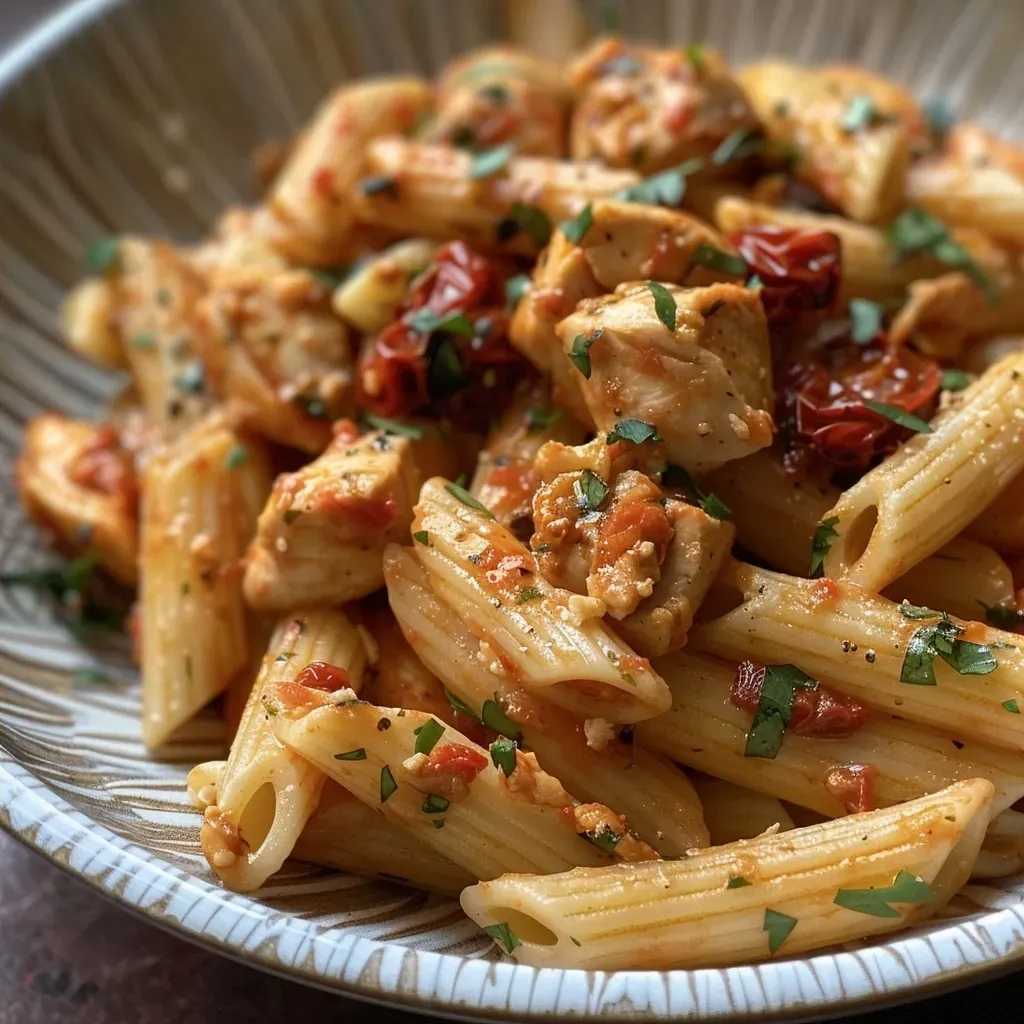 Close-up view of sun-dried tomato pasta with creamy mozzarella sauce and sliced chicken.