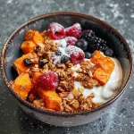 ['Close-up of a fluffy sweet potato breakfast bowl topped with berries and granola.', 'Side view of a vibrant sweet potato breakfast bowl with almond yogurt and maple syrup drizzle.', 'Juicy sweet potato bowl garnished with almond butter, berries, and a sprinkle of granola.', 'A nutritious breakfast bowl featuring sweet potato, coconut yogurt, and colorful fruit toppings.']