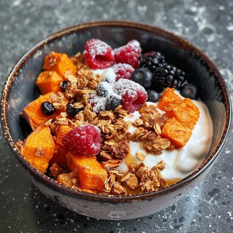 ['Close-up of a fluffy sweet potato breakfast bowl topped with berries and granola.', 'Side view of a vibrant sweet potato breakfast bowl with almond yogurt and maple syrup drizzle.', 'Juicy sweet potato bowl garnished with almond butter, berries, and a sprinkle of granola.', 'A nutritious breakfast bowl featuring sweet potato, coconut yogurt, and colorful fruit toppings.']