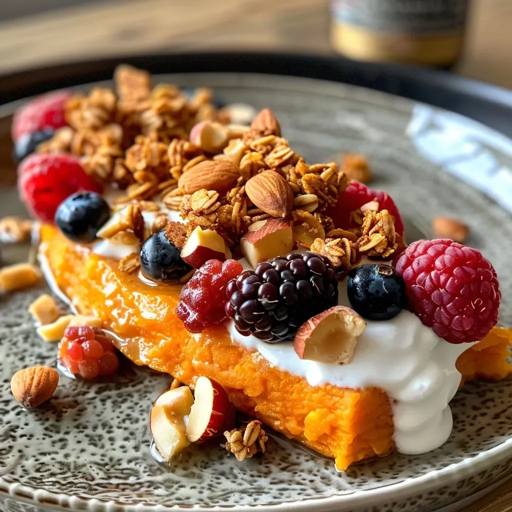 ['Close-up of a fluffy sweet potato breakfast bowl topped with berries and granola.', 'Side view of a vibrant sweet potato breakfast bowl with almond yogurt and maple syrup drizzle.', 'Juicy sweet potato bowl garnished with almond butter, berries, and a sprinkle of granola.', 'A nutritious breakfast bowl featuring sweet potato, coconut yogurt, and colorful fruit toppings.']