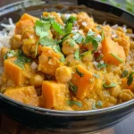 ['A close-up view of a vibrant sweet potato and chickpea curry in a bowl, garnished with fresh cilantro.', 'A side view of a colorful curry dish showcasing cubed sweet potatoes and chickpeas, with a creamy coconut base.', 'A detailed image of sweet potato and chickpea curry, highlighting its rich texture and garnishes.', 'An appetizing close-up of a curry with chunks of sweet potato and chickpeas, featuring aromatic spices.']