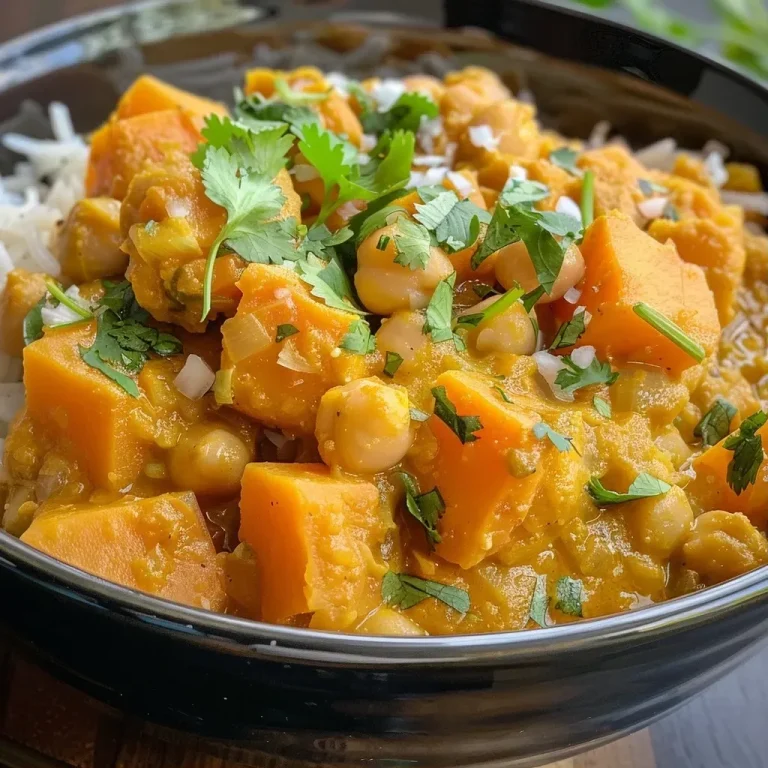 ['A close-up view of a vibrant sweet potato and chickpea curry in a bowl, garnished with fresh cilantro.', 'A side view of a colorful curry dish showcasing cubed sweet potatoes and chickpeas, with a creamy coconut base.', 'A detailed image of sweet potato and chickpea curry, highlighting its rich texture and garnishes.', 'An appetizing close-up of a curry with chunks of sweet potato and chickpeas, featuring aromatic spices.']