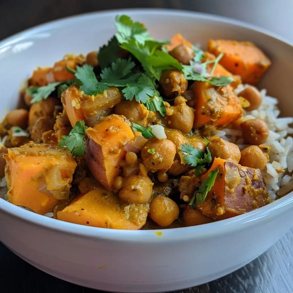 ['A close-up view of a vibrant sweet potato and chickpea curry in a bowl, garnished with fresh cilantro.', 'A side view of a colorful curry dish showcasing cubed sweet potatoes and chickpeas, with a creamy coconut base.', 'A detailed image of sweet potato and chickpea curry, highlighting its rich texture and garnishes.', 'An appetizing close-up of a curry with chunks of sweet potato and chickpeas, featuring aromatic spices.']