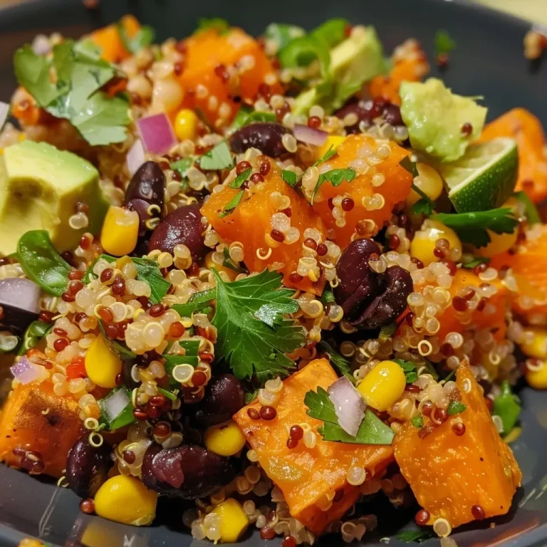 ['Close-up view of a colorful roasted sweet potato black bean quinoa salad in a bowl.', 'Side view of a vibrant salad featuring sweet potatoes, black beans, and quinoa.', 'A detailed image of a hearty quinoa salad with roasted sweet potatoes and other ingredients.', 'Close-up of a mixed salad showcasing sweet potatoes, quinoa, and black beans.']