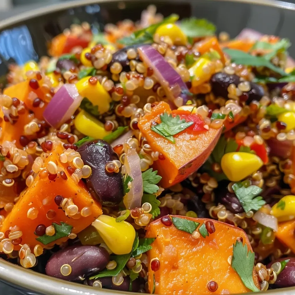 ['Close-up view of a colorful roasted sweet potato black bean quinoa salad in a bowl.', 'Side view of a vibrant salad featuring sweet potatoes, black beans, and quinoa.', 'A detailed image of a hearty quinoa salad with roasted sweet potatoes and other ingredients.', 'Close-up of a mixed salad showcasing sweet potatoes, quinoa, and black beans.']